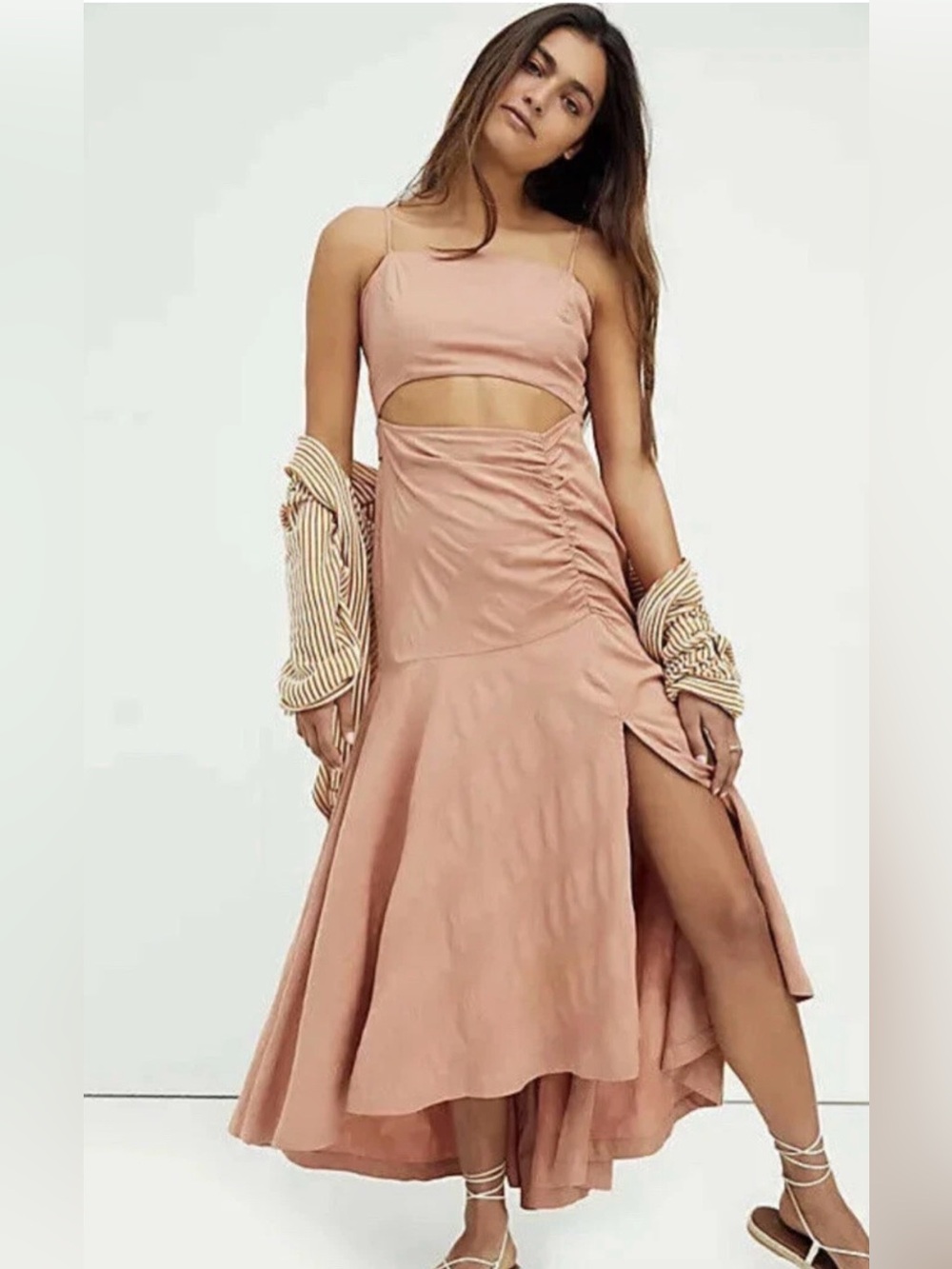 Free People Ready Midi Dress Endless Summer Button Iced Chai Cutout